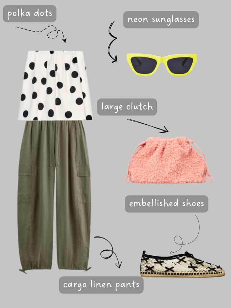 A photo of an outfit of a polka dot shirt, linen cargos, yellow sunglasses, a pink clutch, and bow espadrilles.
