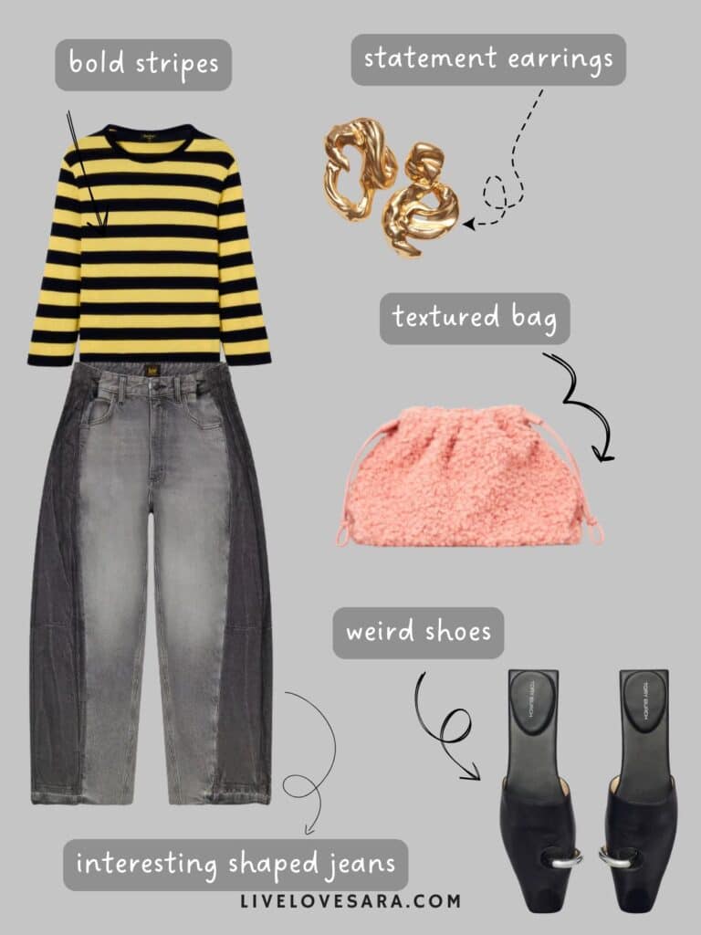 A photo of an outfit of a yellow and black striped shirt, black jeans, a pink clutch, large earrings, and black mules.